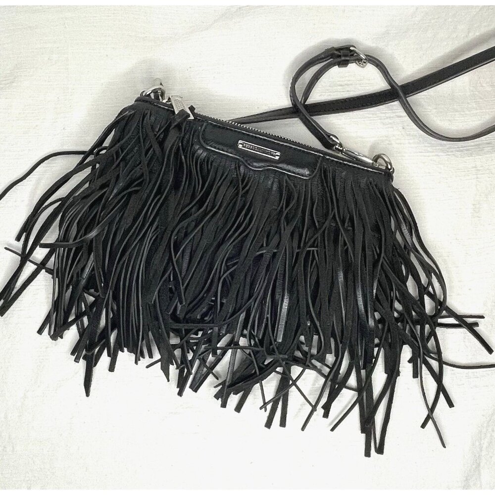 Rebecca Minkoff Fringe Black Crossbody Hippie Boho Leather Bag Purse Adj Strap